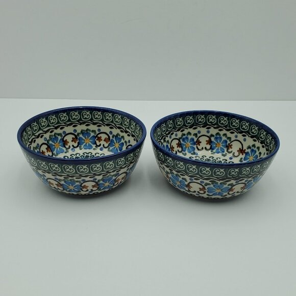 Polish Pottery Unikat Dessert Bowls Trinket Dishes Blue Flowers Green Accents - Picture 6 of 10